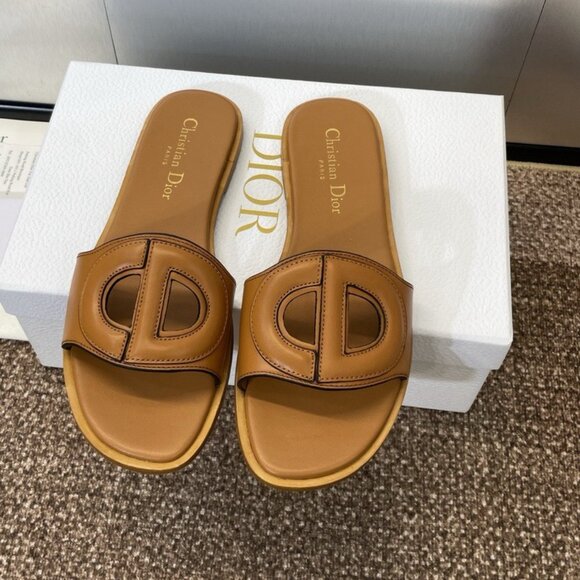 Dior Tan Leather Slide Sandals - Picture 1 of 6